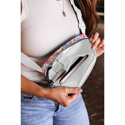 White Flower Print Buckle Wide Strap Crossbody Bag