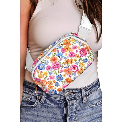 White Flower Print Buckle Wide Strap Crossbody Bag
