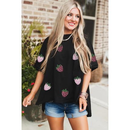 Black Sequin Strawberry Graphic High Low Relaxed Fit Tee