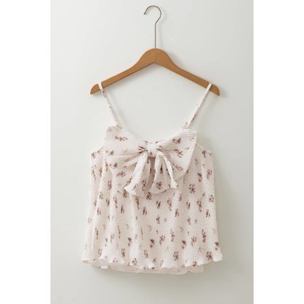 White Floral Pleated Big Bow Back Spaghetti Straps Tank Top