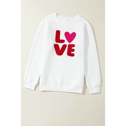 White LOVE Chenille Embroidered Cable Knit Pullover Sweatshirt