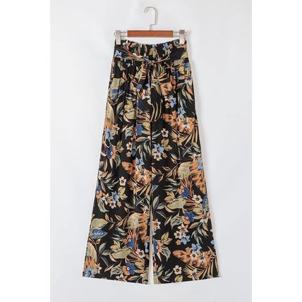 Multicolour Floral Shirred High Waist Wide Leg Pants with Tie