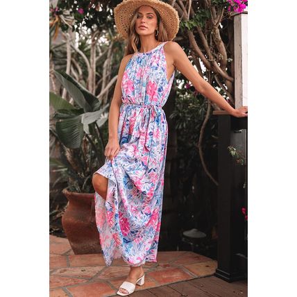 Sky Blue Floral Printed Sleeveless O Neck Knot Waist Maxi Dress