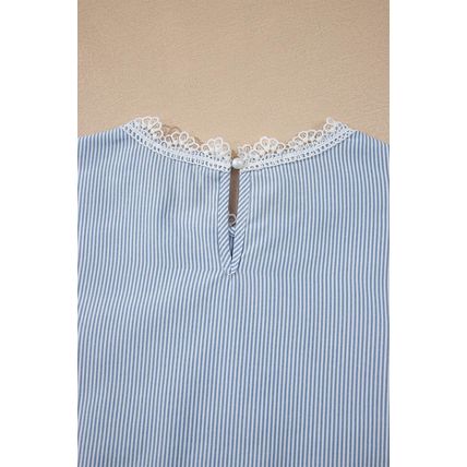Sky Blue Stripe Floral Lace Splicing Puff Sleeve Blouse