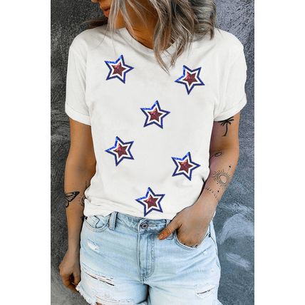 White Independence Day Sequin Star Patched T Shirt