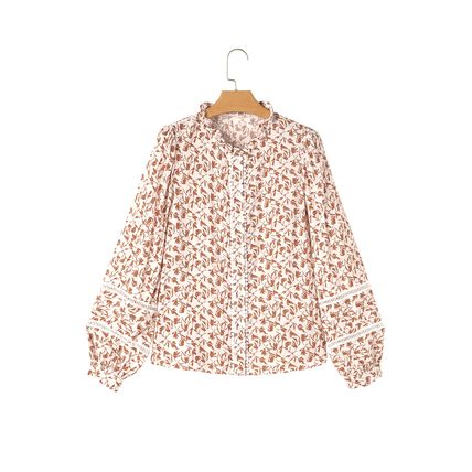 Yellow Printed Lace Detail Floral Puff Sleeve Fall Shirt