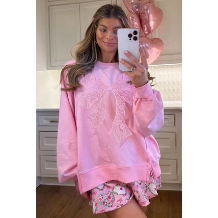 Bonbon Lace Insert Bow Embroidered Exposed Seam Sweatshirt