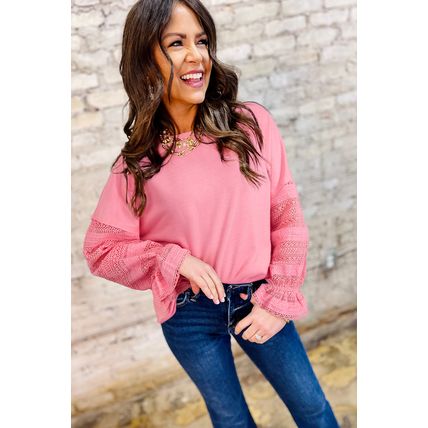 Sachet Pink Drop Shoulder Lace Ruffled Sleeve Patchwork Loose Sweatshirt