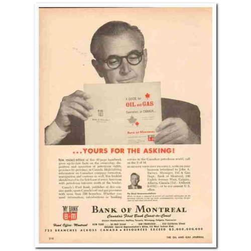 BANK OF MONTREAL 1959 manager John A Baines guide gas oil vintage ad