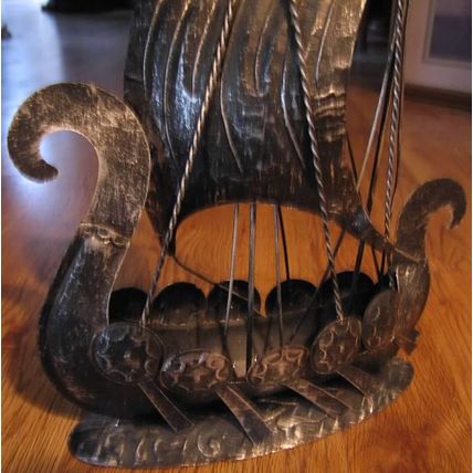 VINTAGE MID CENTURY VIKING SHIP BLACK SILVER 10 1/2" H METAL NORWAY SWEDEN