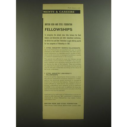 1967 British Royal Iron and Steel Federation Ad - Fellowships