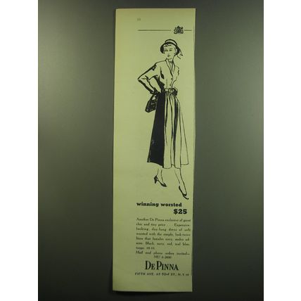 1949 De Pinna Dress Ad - Winning worsted
