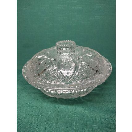 Vintage Cut Clear Glass Candy Dish W/Lid Malaysia KIG Heart & Roses