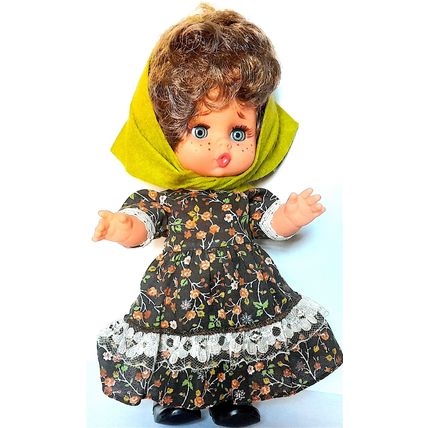 1990's VINTAGE DOLL - JOINTED - BLUE MOVING EYES - MULTICOLOUR DRESS - 29 cm