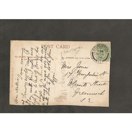 Genealogy Postcard Nellie Jones 17 Winforton St off Blisset St Greenwich 1906
