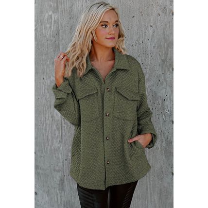 Green Retro Quilted Flap Pocket Button Shacket