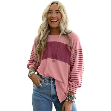 Peach Blossom Colorblock Striped Bishop Sleeve Top