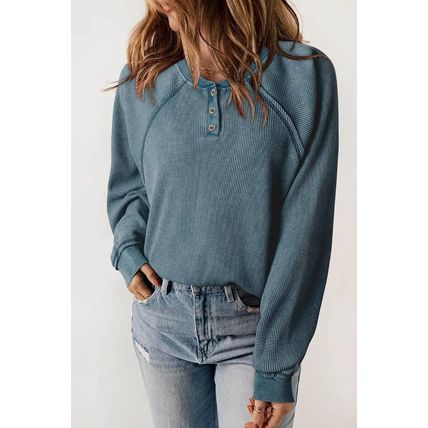 Sea Green Waffle Knit Raglan Sleeve Henley Sweatshirt