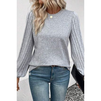 Gray Contrast Ribbed Bishop Sleeve Top
