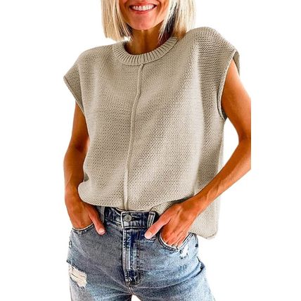 Oatmeal Solid Color Cap Sleeve Knitted Sweater