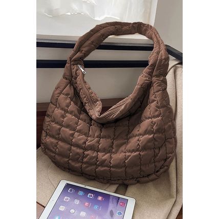 Coffee Quilted Zipper Large Shoulder Bag