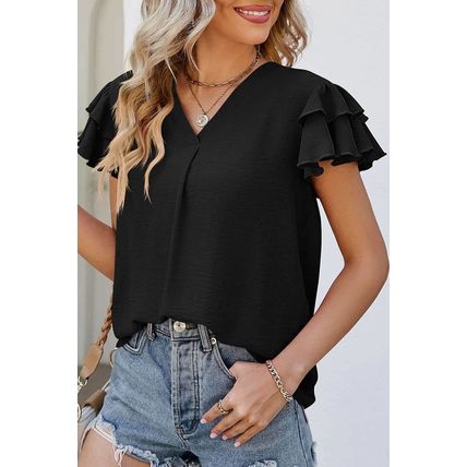 Black V Neck Ruffle Short Sleeve Blouse