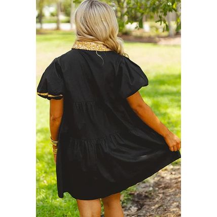 Black Glistening Easter Egg Sequin Trim Half Button Puff Sleeve Dress