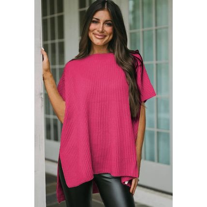 Rose Red Short Sleeve Side Slit Oversized Sweater