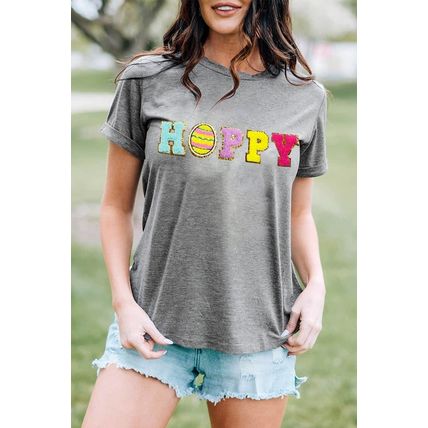 Gray Easter Egg HOPPY Chenille Patched Pattern T Shirt