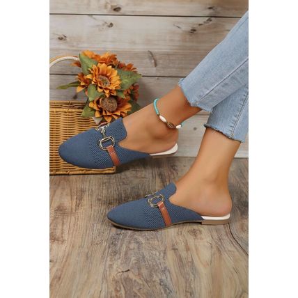 Sky Blue Leather Strap Buckle Decor Slip On Flats