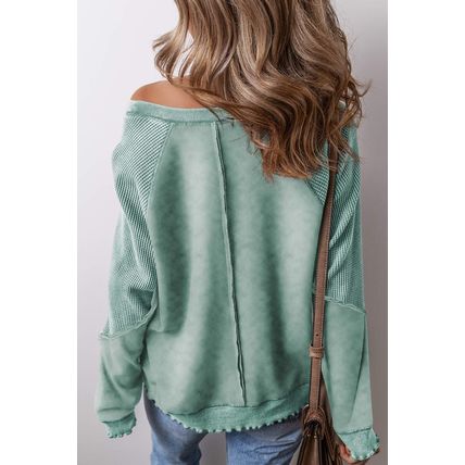 Mineral Blue Solid Waffle Knit Patchwork Raglan Sleeve Sweatshirt