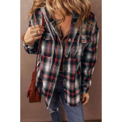 Red Plaid Print Chest Pocket Buttoned Hooded Shacket
