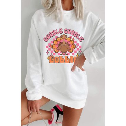 White Gobble Gobble Turkey Graphic Crewneck Thanksgiving Sweatshirt