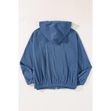 Real Teal Corduroy Drawstring Hooded Pocket Zip Up Jacket