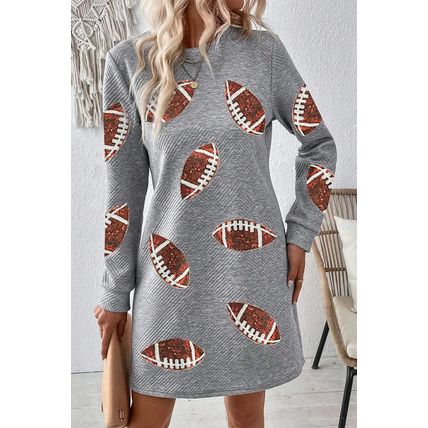 Gray Sequin Rugby Football Graphic Textured Long Sleeve Shift Mini Dress