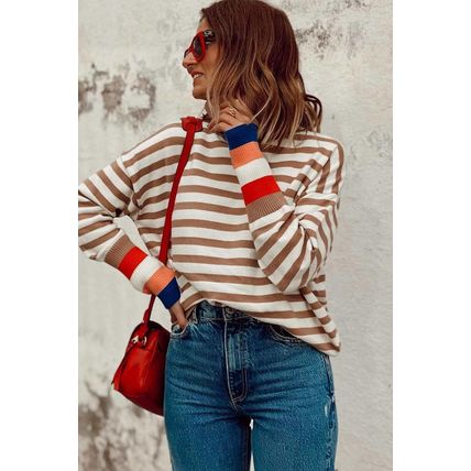 Brown Stripe Colorblock Bishop Sleeve Turtleneck Sweater