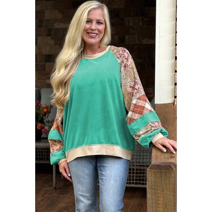 Sky Blue Plus Size Plaid Floral Patchwork Raglan Sleeve Sweatshirt