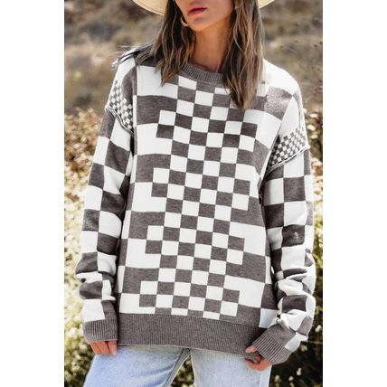 Gray Checkered Print Drop Shoulder Round Neck Sweater