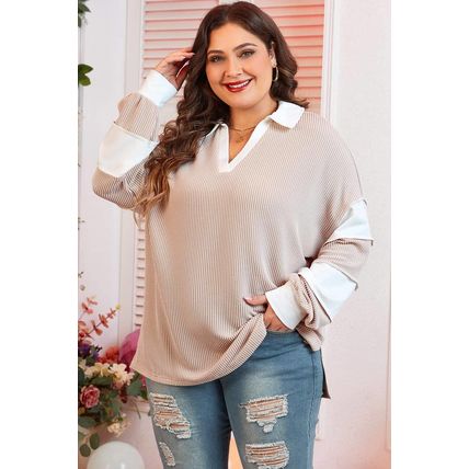Parchment Corded Colorblock Long Sleeve Slit V Neck Plus Top