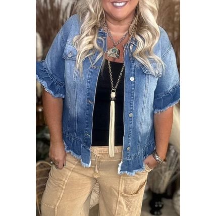 Peacock Blue Ruffled Frayed Short Sleeve Plus Size Denim Jacket