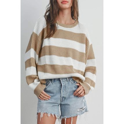 Light French Beige Colorblock Striped Drop Shoulder Side Slit Sweater