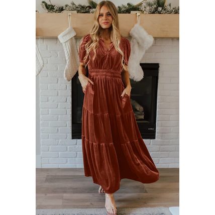 Chestnut Velvet Short Sleeve Shirred Waist Tiered Maxi Dress