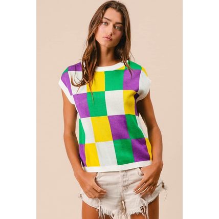 Tillandsia Purple Color Block Cap Sleeve Sweater