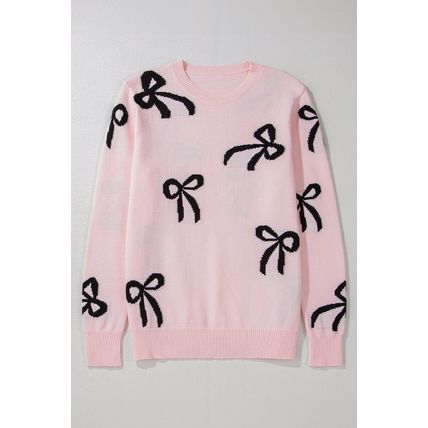 Light Pink Bow Pattern Knitted Loose Fit Sweater