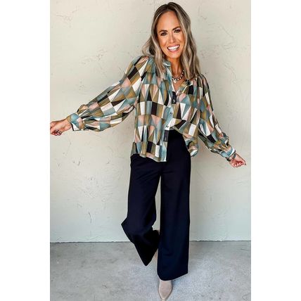 Green Geometric Print Buttoned Balloon Sleeve Loose Fit Shirt