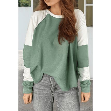 Mint Green Ribbed Colorblock Patchwork Raglan Long Sleeve Top