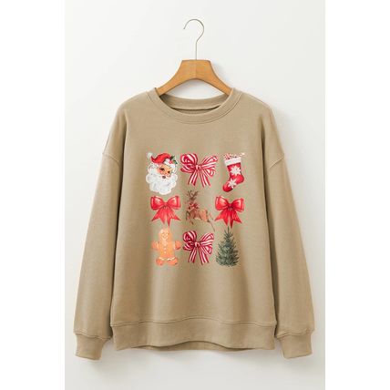 Khaki Christmas Pattern Graphic Crew Neck Sweatshirt