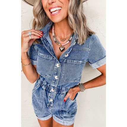 Dusk Blue Chest Pocket Front Buttoned Folded Edge Denim Short Sleeve Romper