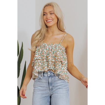 White Boho Floral Spaghetti Strap Ruffle Summer Tank Top