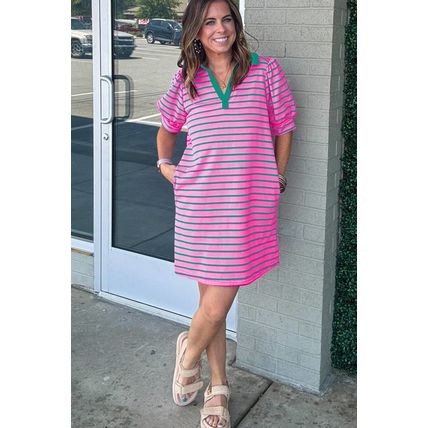 Rose Stripe Collared V Neck Puff Sleeve Shift T Shirt Dress with Pockets